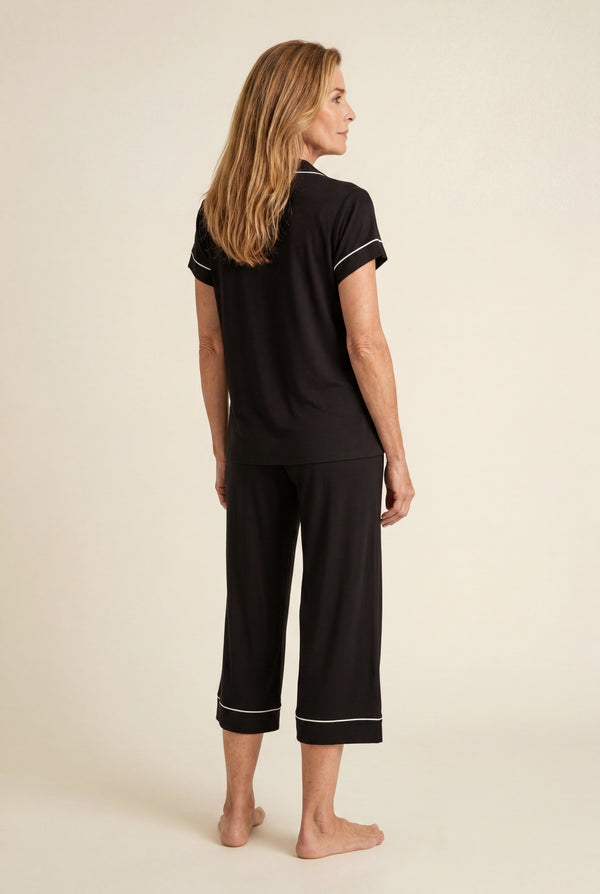 Notch Collar Capri Pajama Set in Black