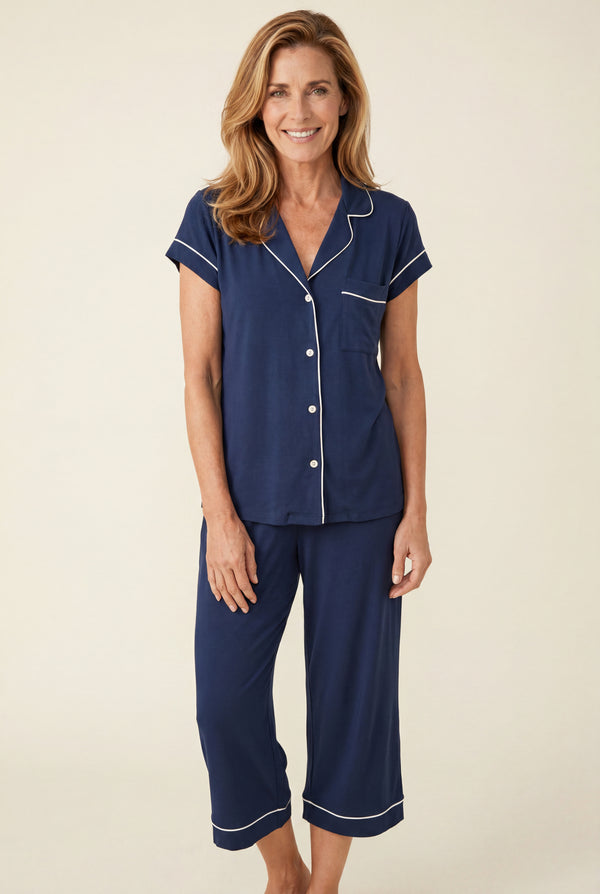 Notch Collar Capri Pajama Set in Navy