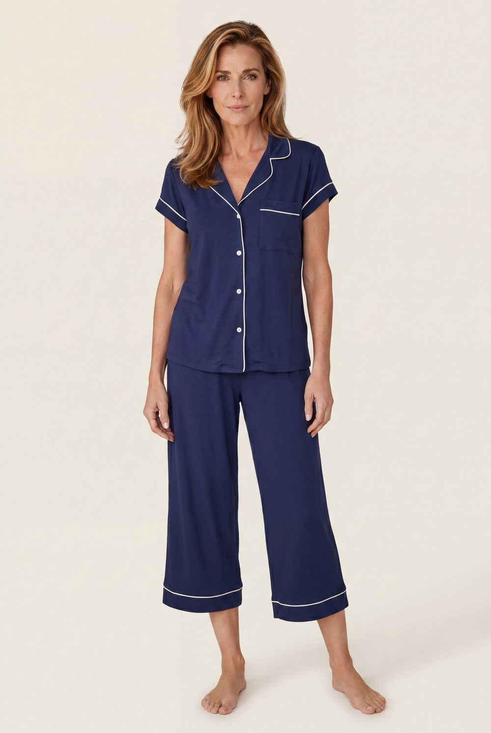 Notch Collar Capri Pajama Set in Navy