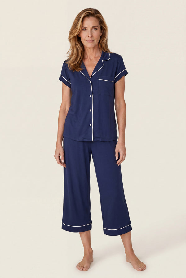 Notch Collar Capri Pajama Set in Navy