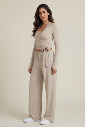 Wide-Leg Drawstring Pants – Beige