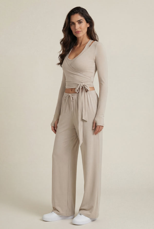 Wide-Leg Drawstring Pants – Beige