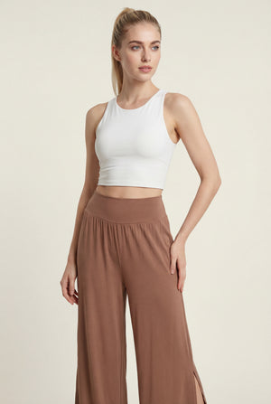 Wide-Leg Pants with Side Slit – Brown