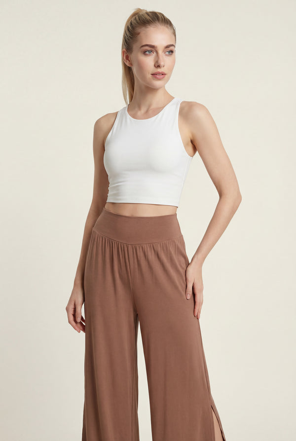 Wide-Leg Pants with Side Slit – Brown