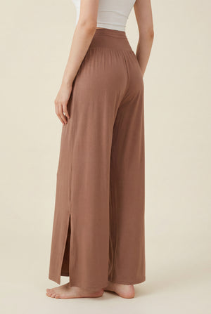 Wide-Leg Pants with Side Slit – Brown