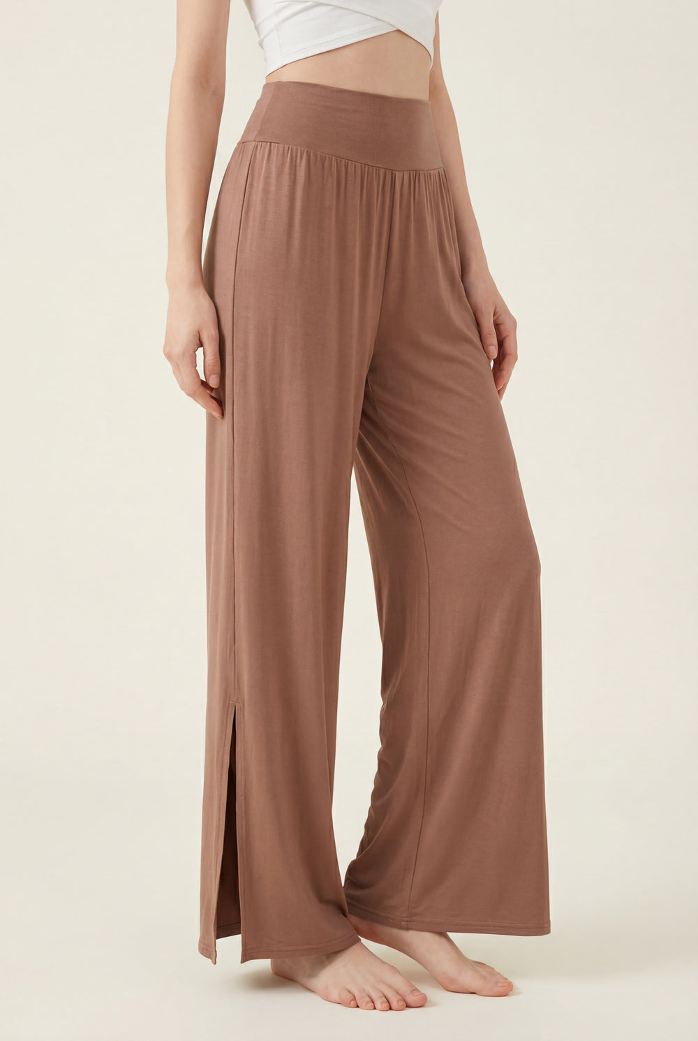 Wide-Leg Pants with Side Slit – Brown