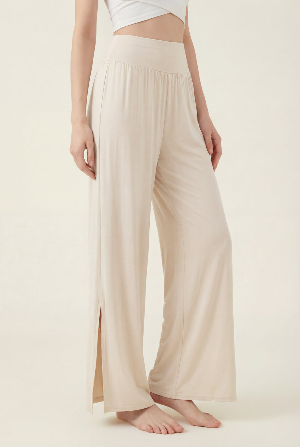 Wide-Leg Pants with Side Slit – Ivory