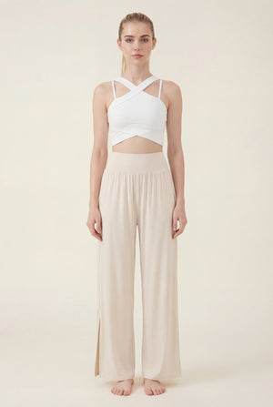 Wide-Leg Pants with Side Slit – Ivory