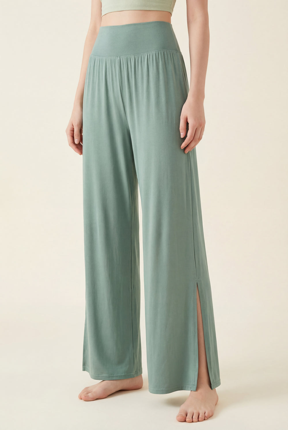 Wide-Leg Performance Pants with Side Slit – Sage Green