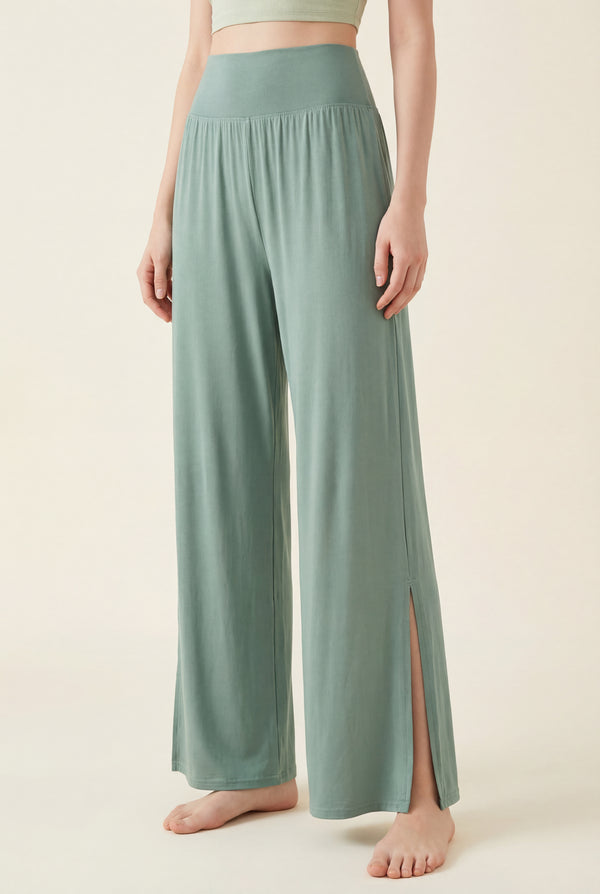 Wide-Leg Performance Pants with Side Slit – Sage Green