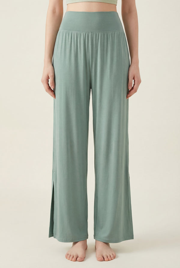 Wide-Leg Performance Pants with Side Slit – Sage Green