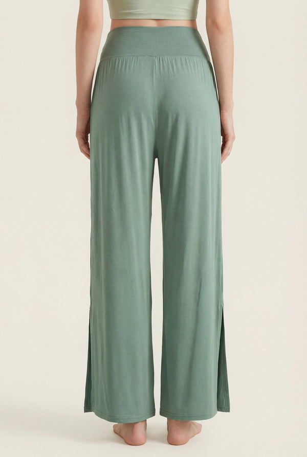 Wide-Leg Performance Pants with Side Slit – Sage Green