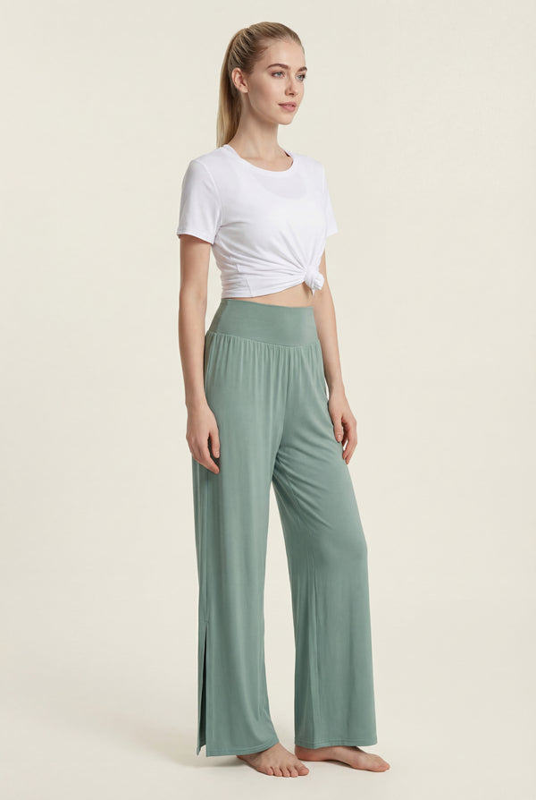 Wide-Leg Performance Pants with Side Slit – Sage Green