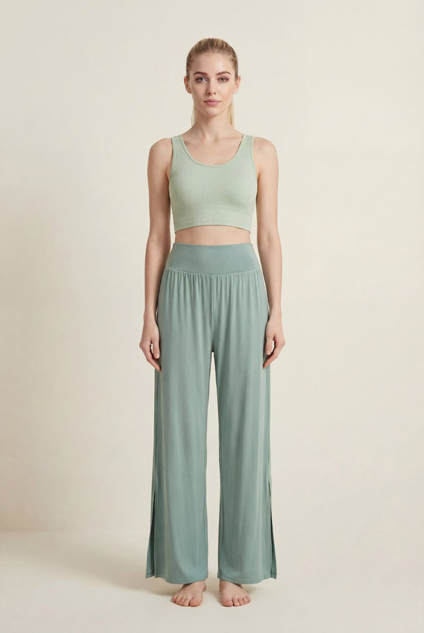 Wide-Leg Performance Pants with Side Slit – Sage Green
