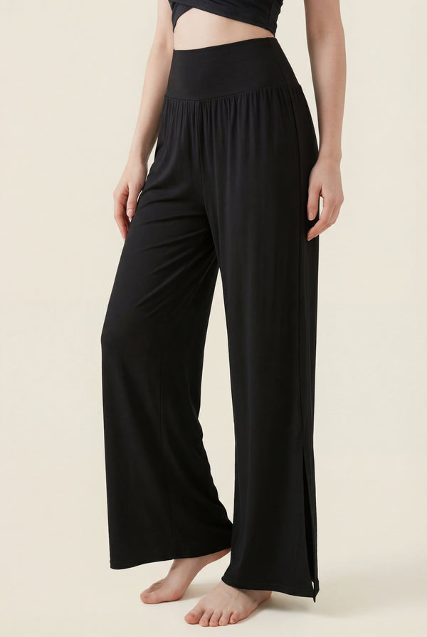 Wide-Leg Pants with Side Slit – Black