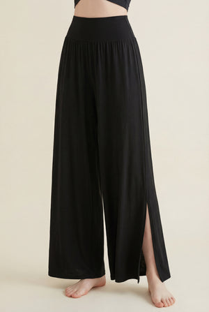 Wide-Leg Pants with Side Slit – Black