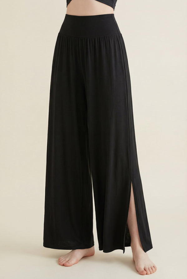 Wide-Leg Pants with Side Slit – Black