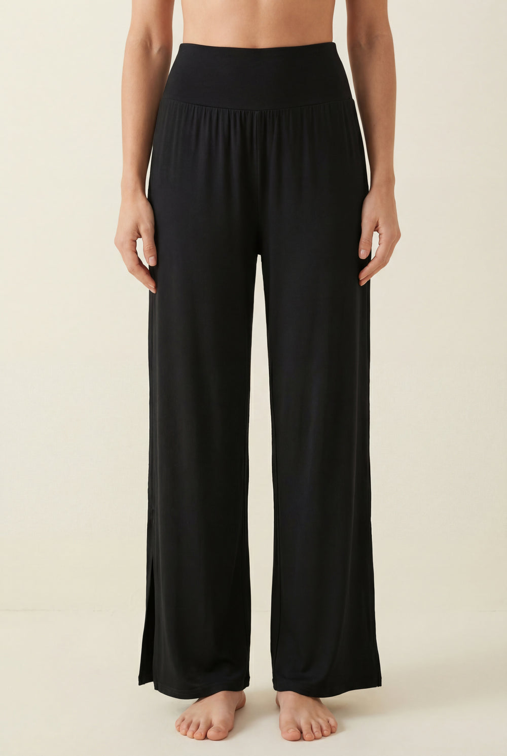Wide-Leg Pants with Side Slit – Black