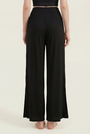 Wide-Leg Pants with Side Slit – Black