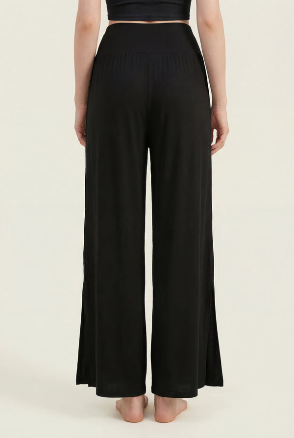 Wide-Leg Pants with Side Slit – Black
