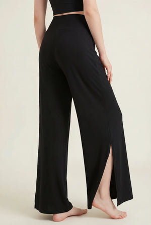 Wide-Leg Pants with Side Slit – Black