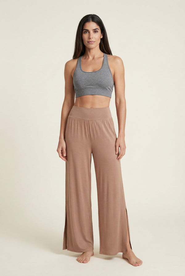 Wide-Leg Pants with Side Slit – Brown