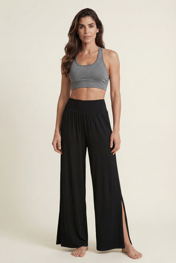 Wide-Leg Pants with Side Slit – Black