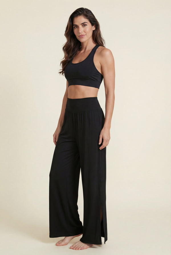 Wide-Leg Pants with Side Slit – Black