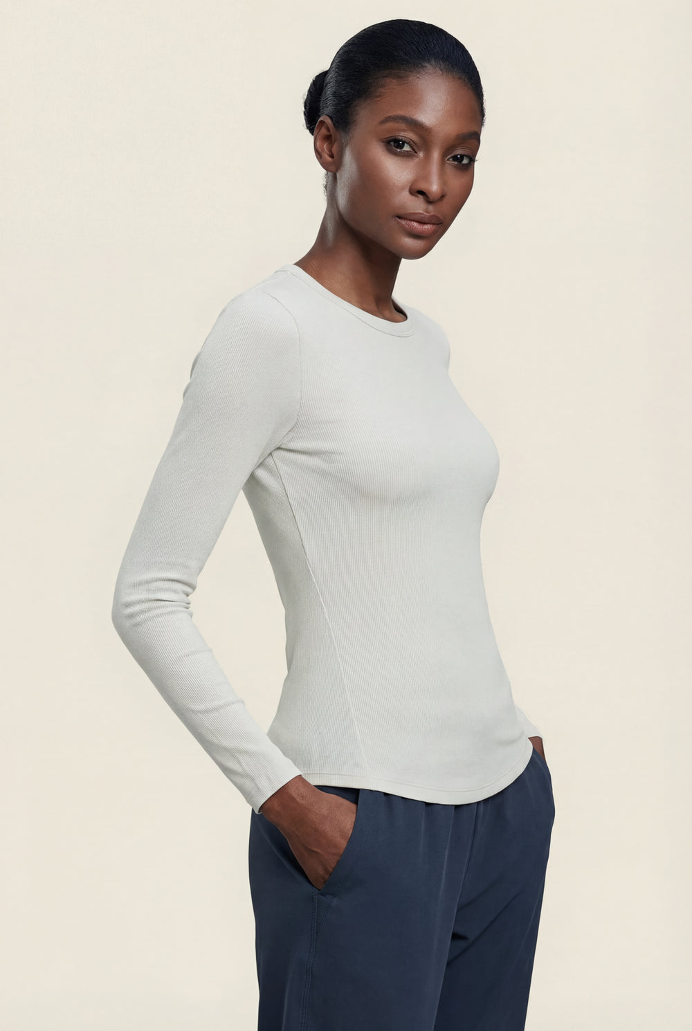 Ribbed Long Sleeve Top – White