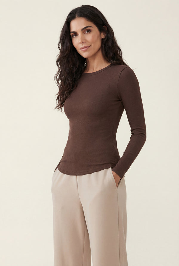 Ribbed Long Sleeve Top – Brown