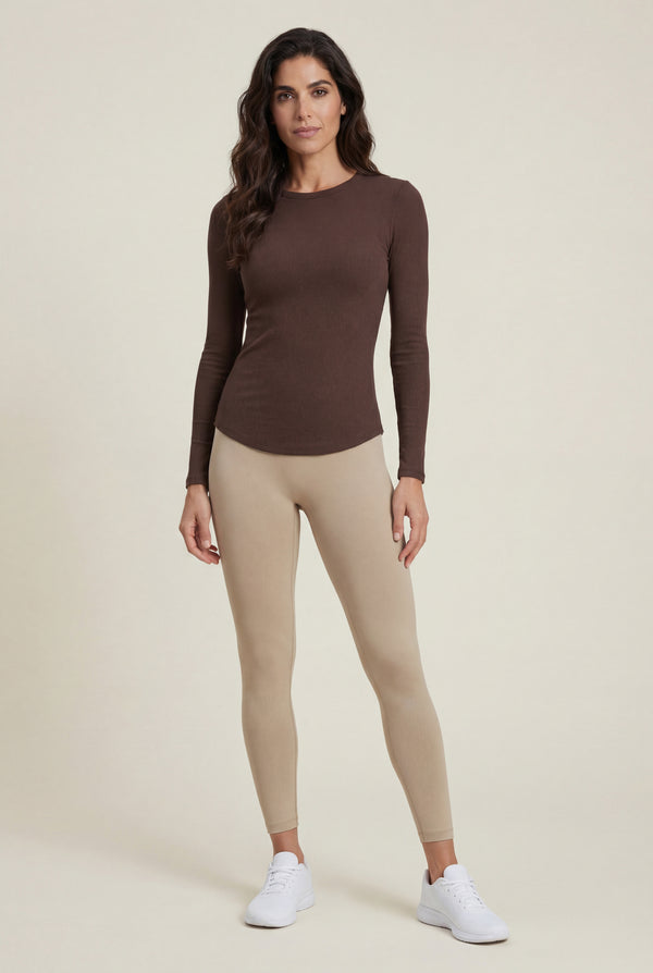 Ribbed Long Sleeve Top – Brown