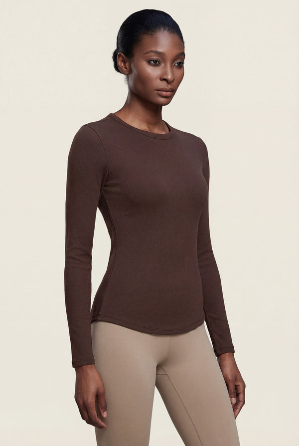 Ribbed Long Sleeve Top – Brown