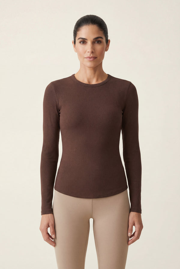 Ribbed Long Sleeve Top – Brown