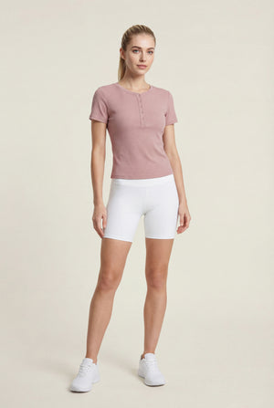 Fitted Rib Henley Tee – Dusty Rose