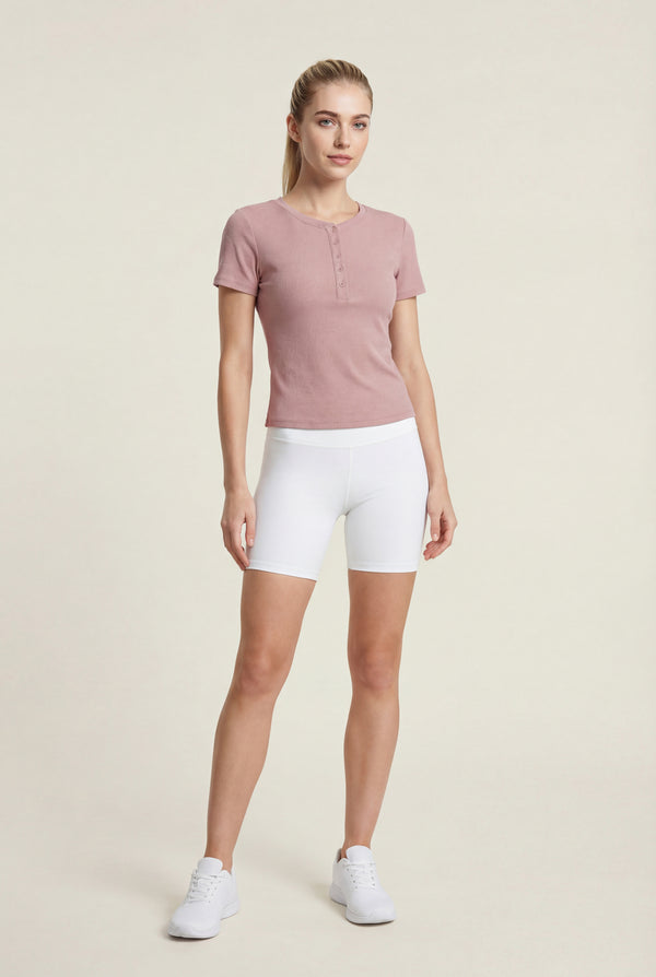 Fitted Rib Henley Tee – Dusty Rose