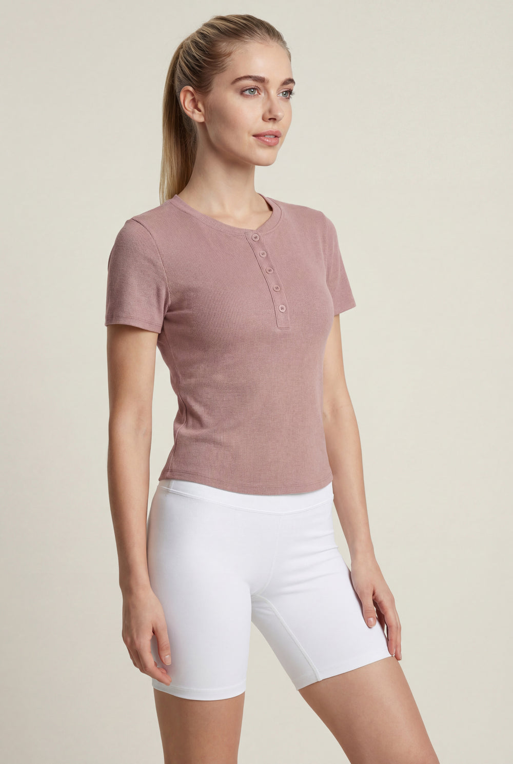 Fitted Rib Henley Tee – Dusty Rose
