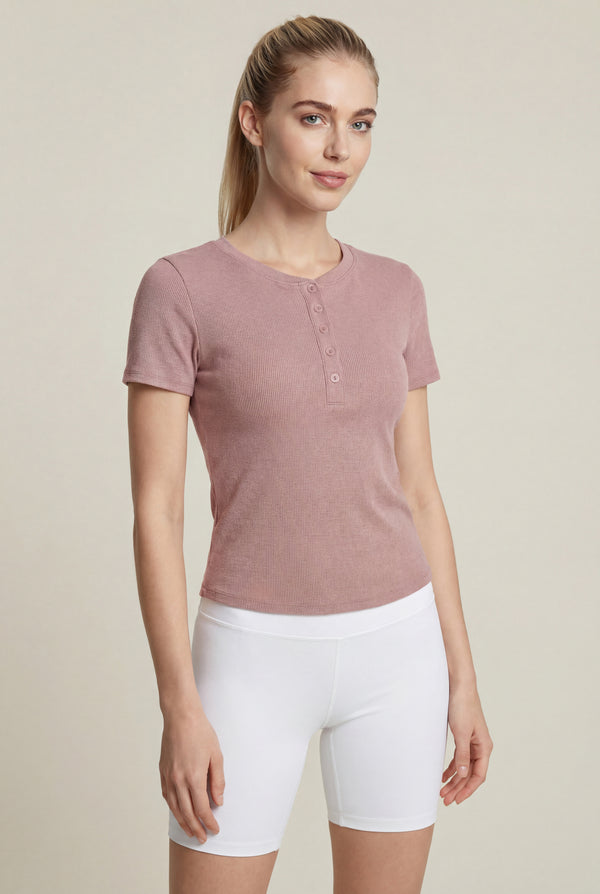 Fitted Rib Henley Tee – Dusty Rose