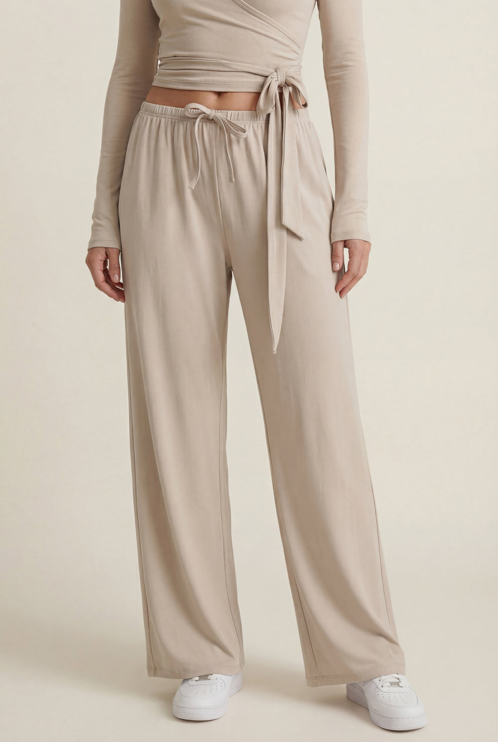 Wide-Leg Drawstring Pants – Beige