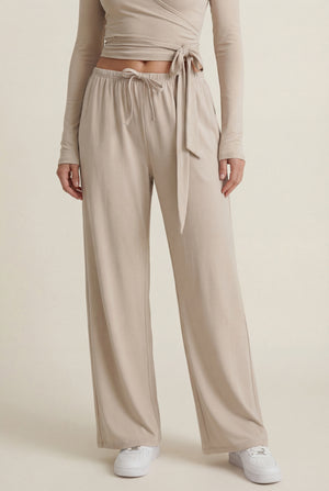 Wide-Leg Drawstring Pants – Beige
