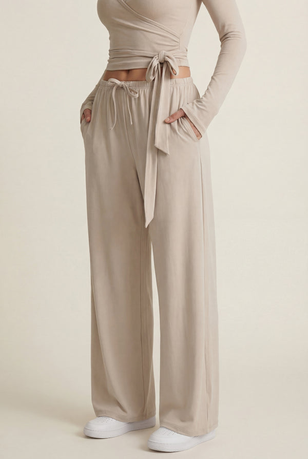 Wide-Leg Drawstring Pants – Beige