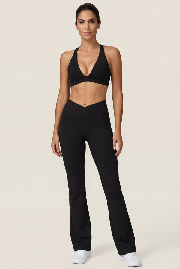 Crossover Waist Flared Leggings – Black