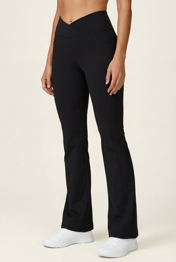 Crossover Waist Flared Leggings – Black