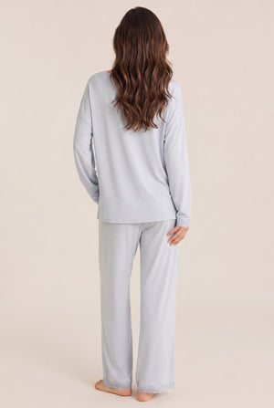Lace-Trim Long Pajama Set in Powder Blue