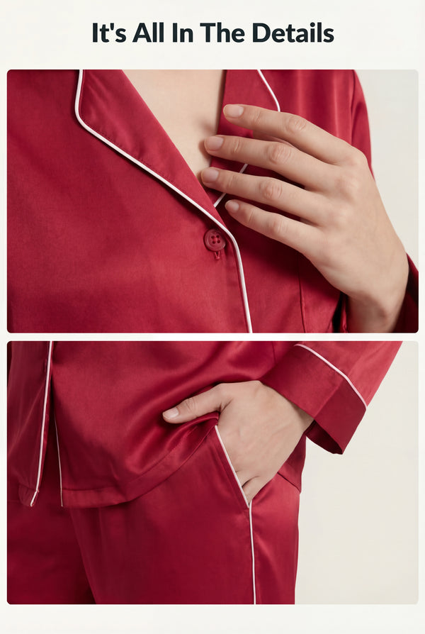 Piped Button-Front PJ Set in Burgundy