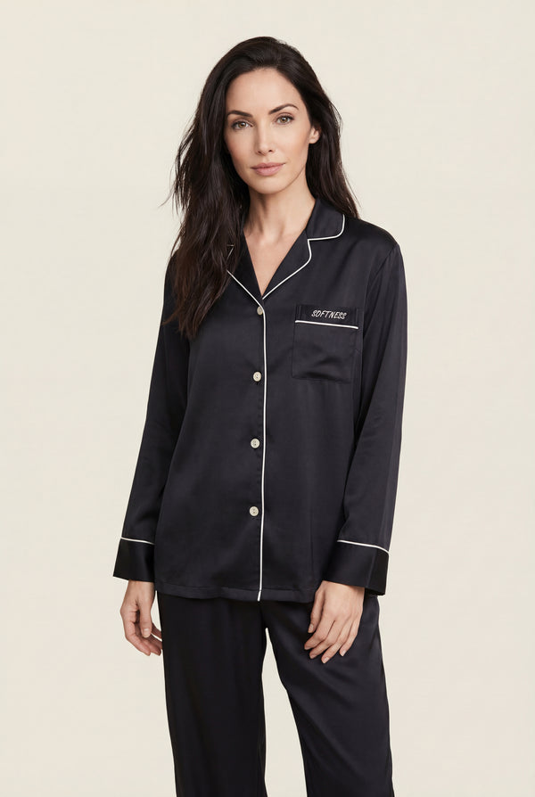 Classic Notch-Collar Pajama Set in Black