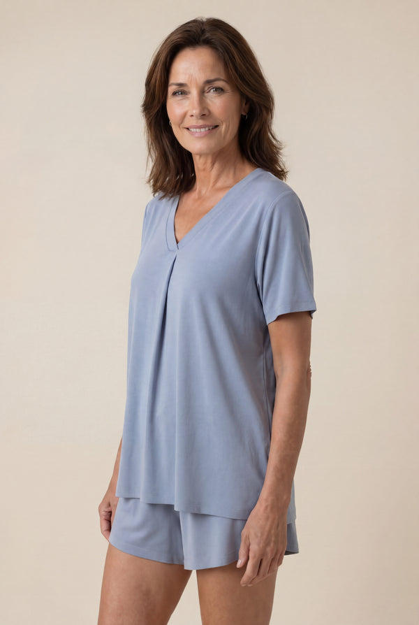 V-Neck Shorts Pajama Set in Dusty Blue