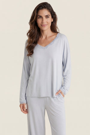 Lace-Trim Long Pajama Set in Powder Blue