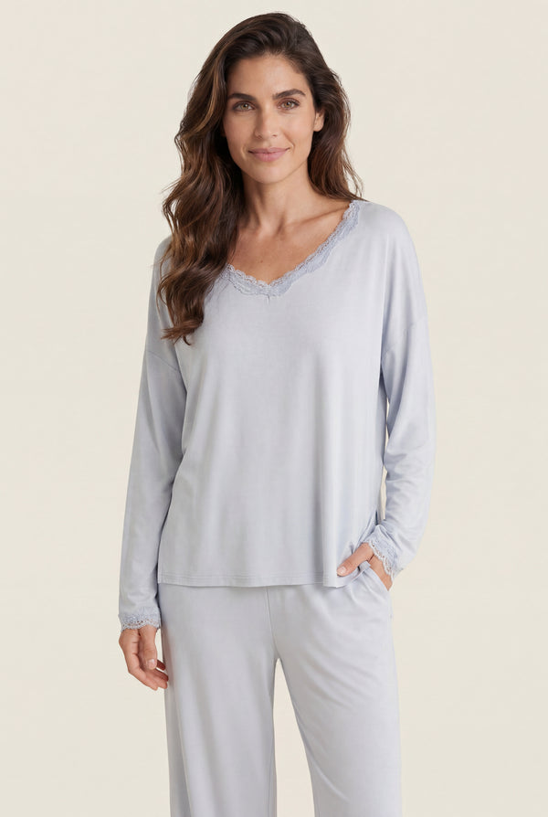 Lace-Trim Long Pajama Set in Powder Blue