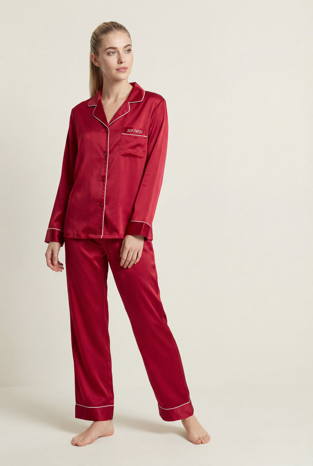 Piped Button-Front PJ Set in Burgundy