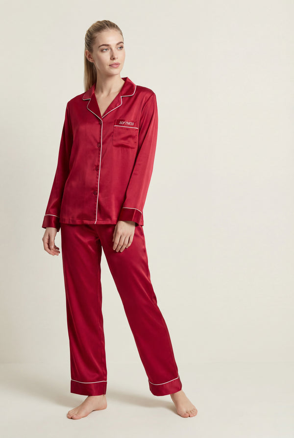 Piped Button-Front PJ Set in Burgundy